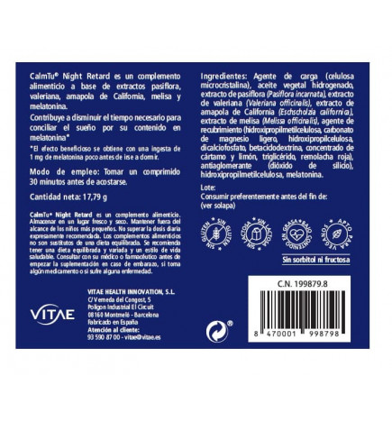 Vitae Calmtu Night Retard 30 Comprimidos